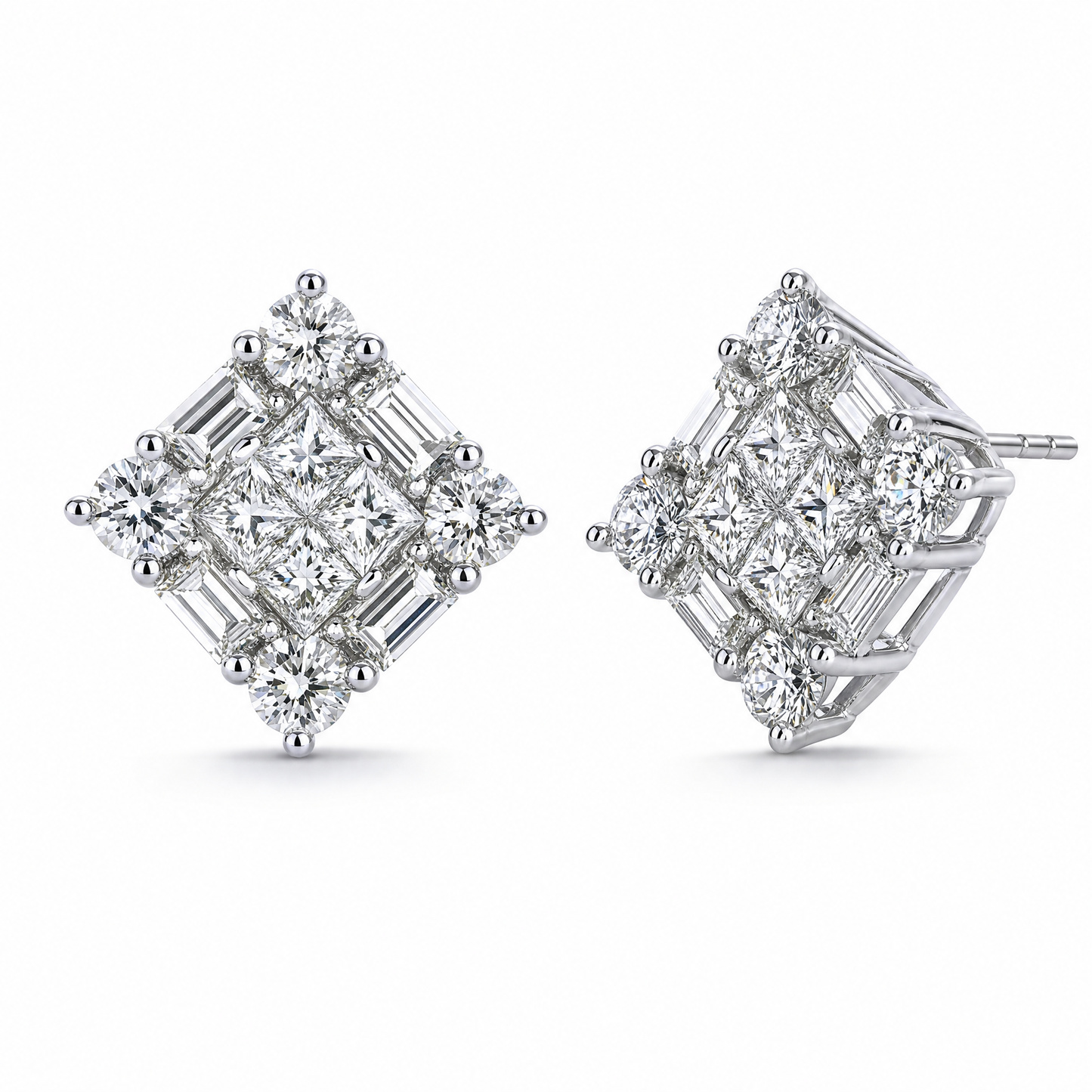 DECY0667W W-2 front and turned view showing post - invisible-set princess, baguette and round diamond square cluster stud earrings in 18K white gold