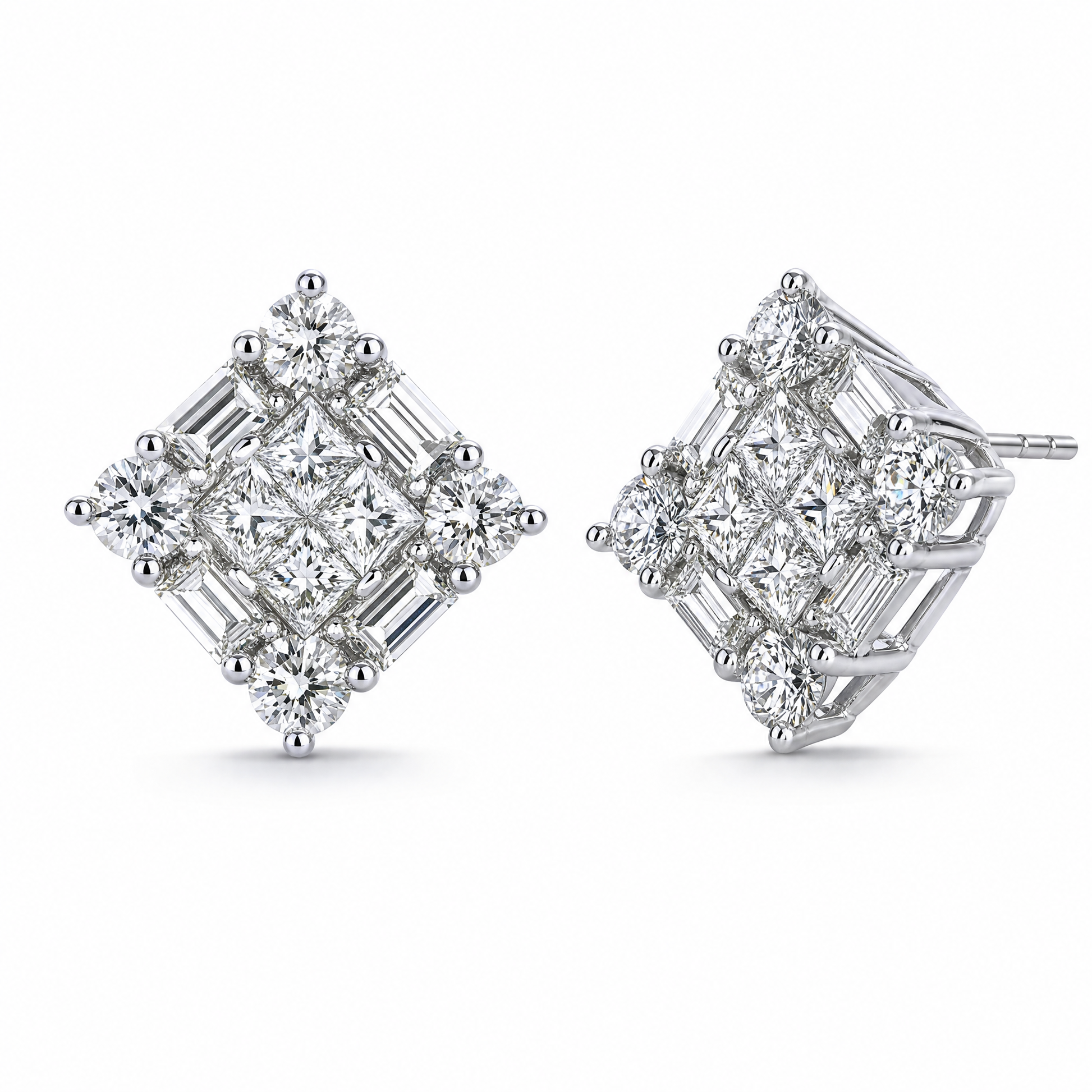 DECY0667W W-2 front and turned view showing post - invisible-set princess, baguette and round diamond square cluster stud earrings in 18K white gold