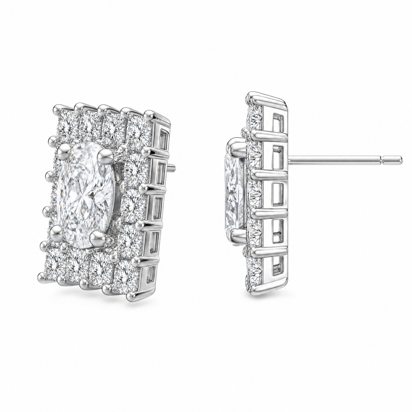 DECY0695W W-2 turned view showing post and butterfly back - oval and princess-cut diamond rectangular cluster stud earrings in 18K white gold
