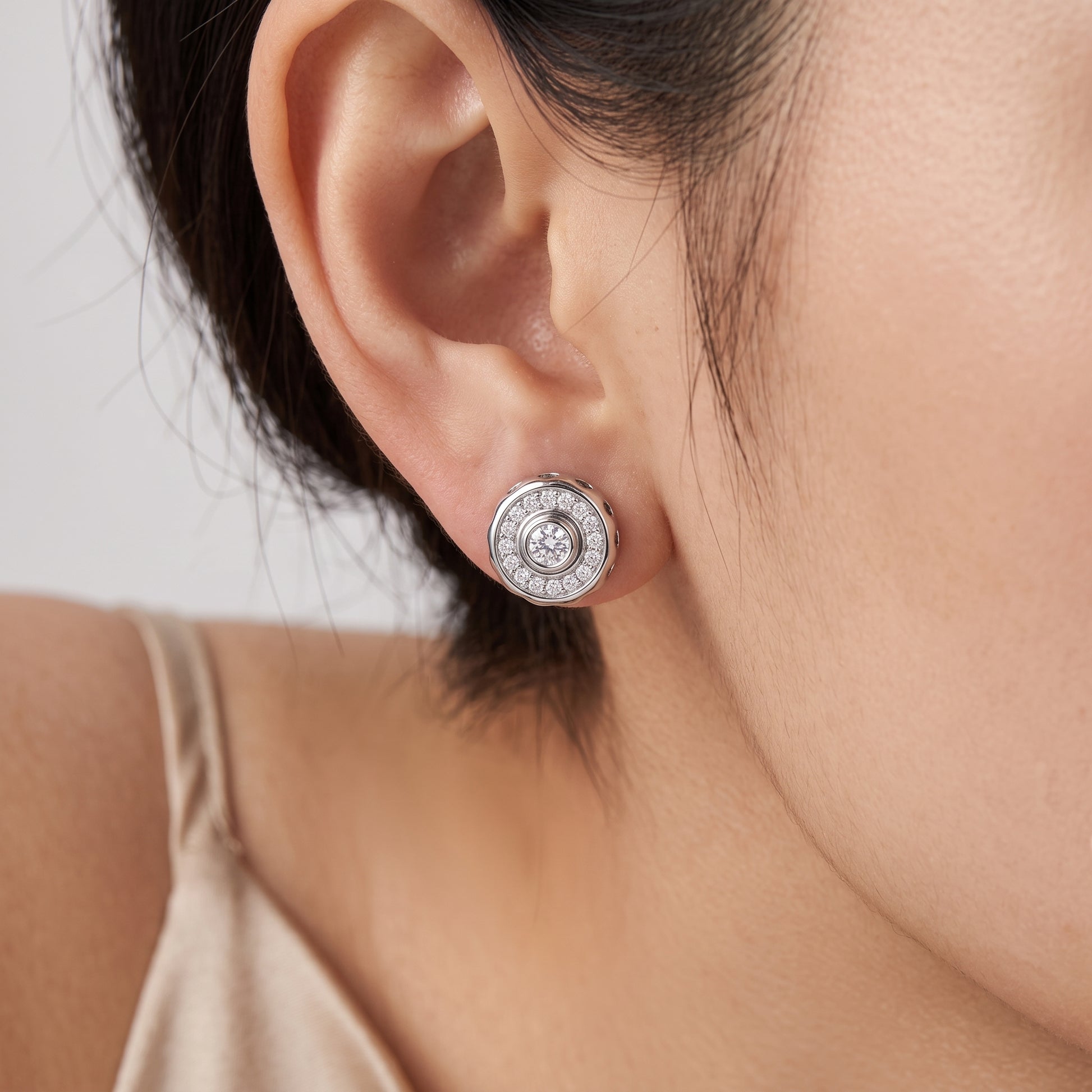 DECY0732W 30-Diamond Bezel Earrings - worn on model