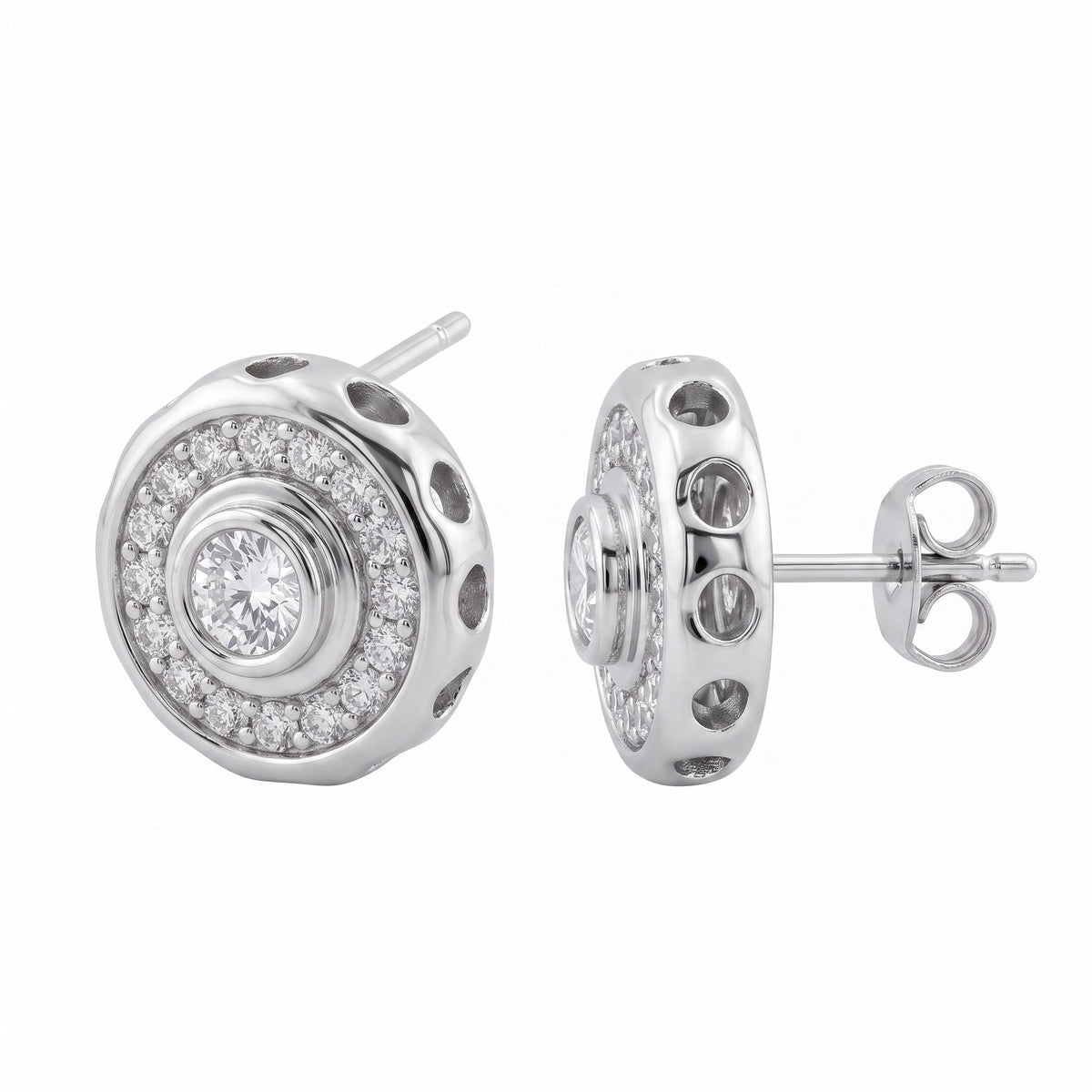 DECY0732W 30-Diamond Bezel Earrings - detail and side profile view