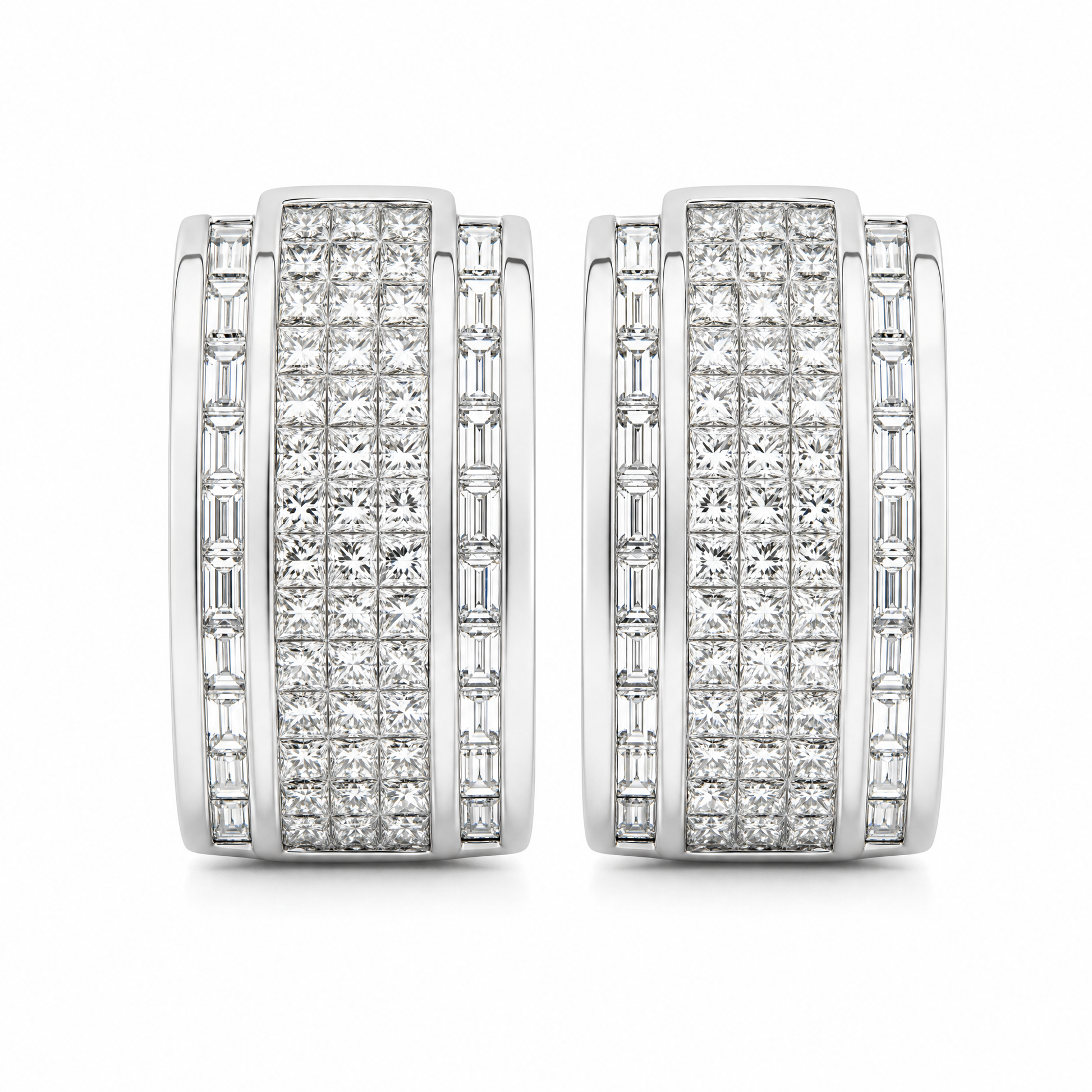 DECY0794W-3 W-1 frontal pair - princess-cut and tapered baguette diamond multi-row channel clip earrings