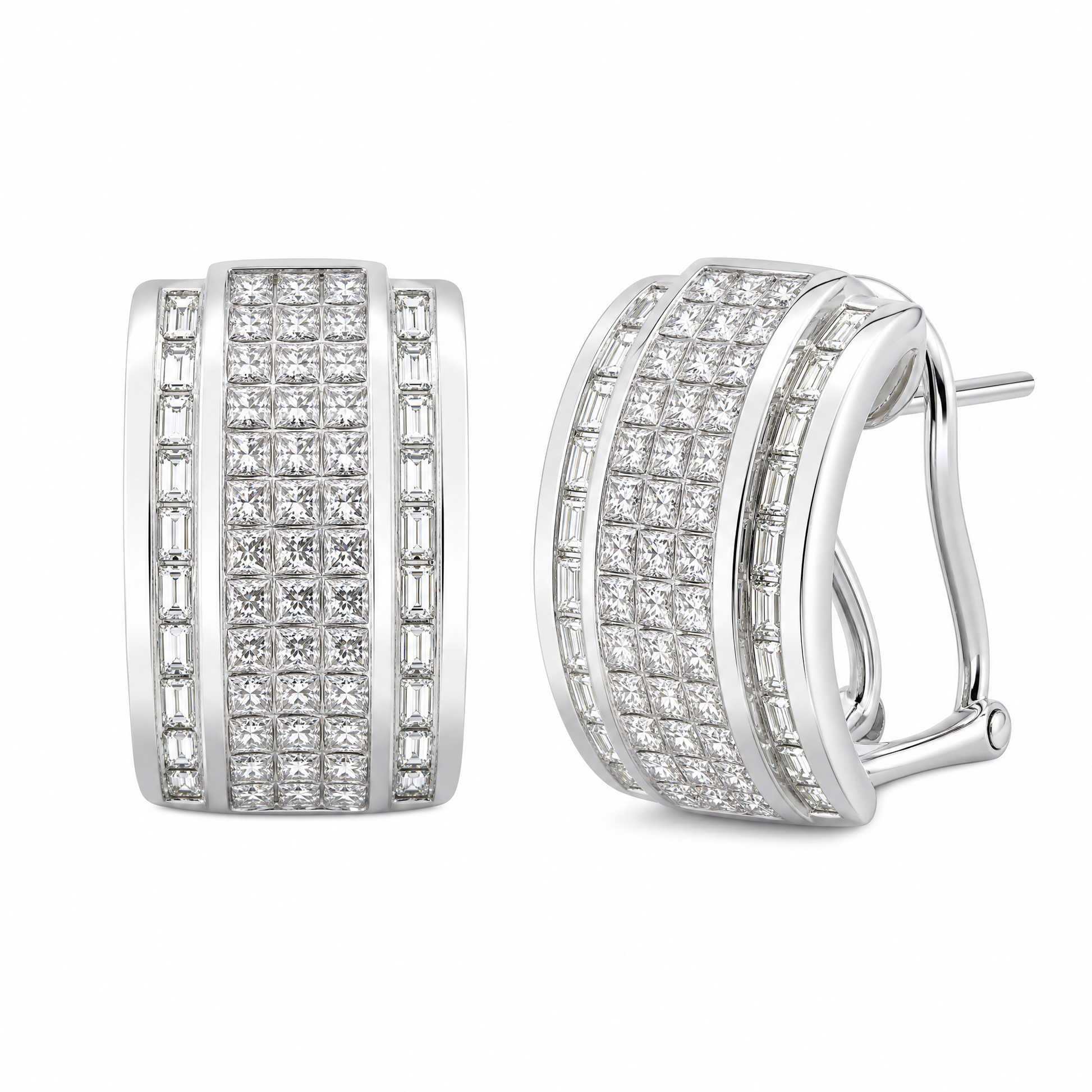 DECY0794W-3 W-2 front and turned view showing French clip backing - princess-cut and tapered baguette diamond multi-row channel clip earrings
