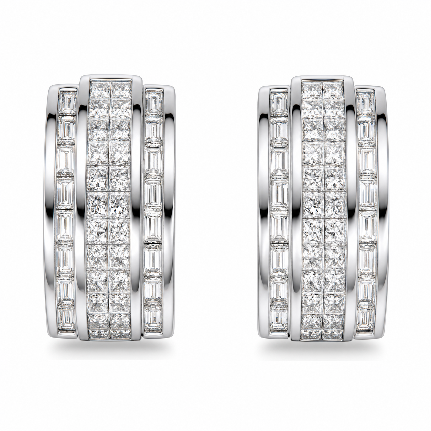 DECY0794W W-1 frontal pair - princess-cut and tapered baguette diamond channel-set half-hoop clip earrings in 18K white gold