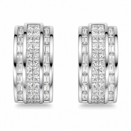 DECY0794W W-1 frontal pair - princess-cut and tapered baguette diamond channel-set half-hoop clip earrings in 18K white gold