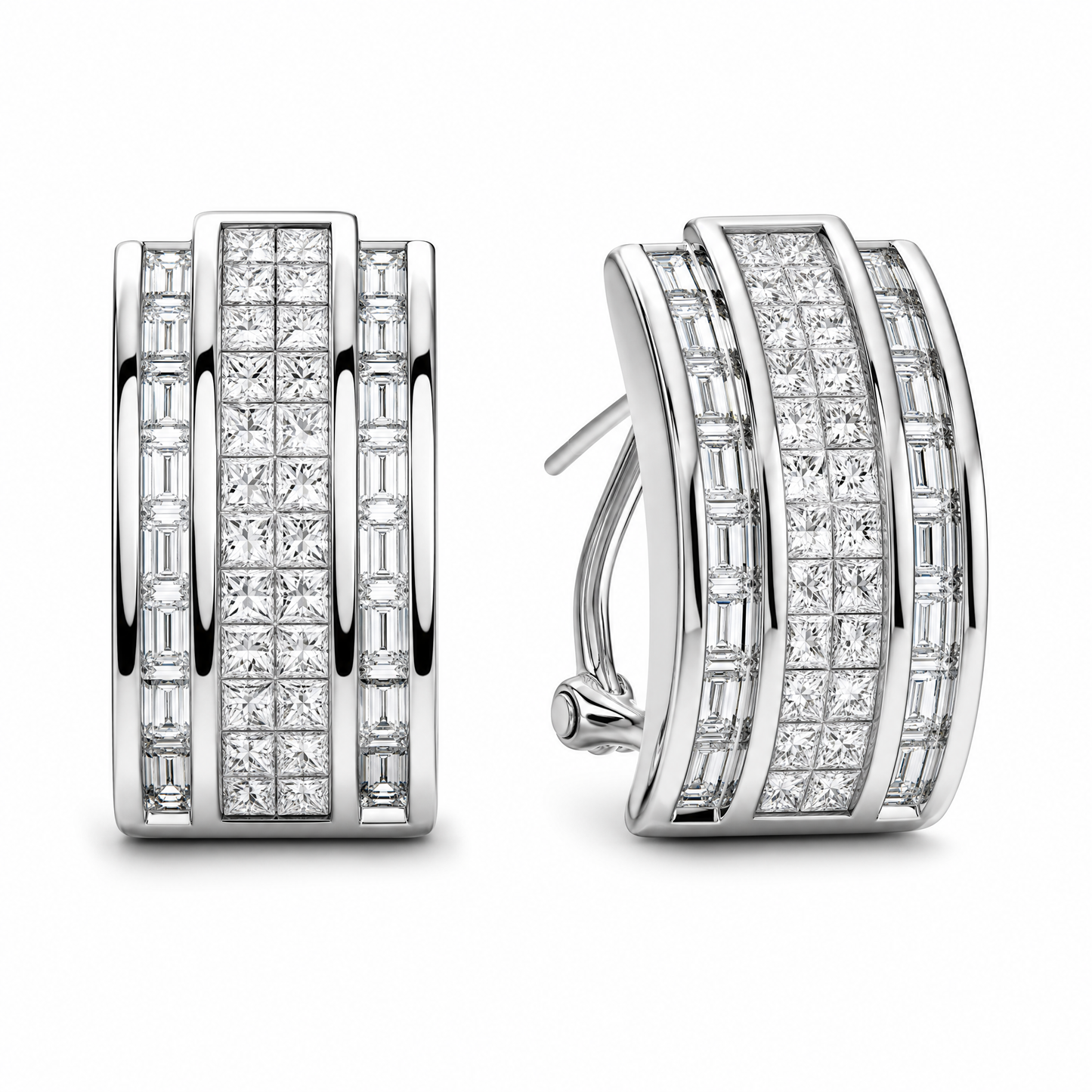 DECY0794W W-2 front and turned view showing French clip backing - princess-cut and tapered baguette diamond channel-set half-hoop clip earrings in 18K white gold