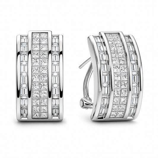 DECY0794W W-2 front and turned view showing French clip backing - princess-cut and tapered baguette diamond channel-set half-hoop clip earrings in 18K white gold