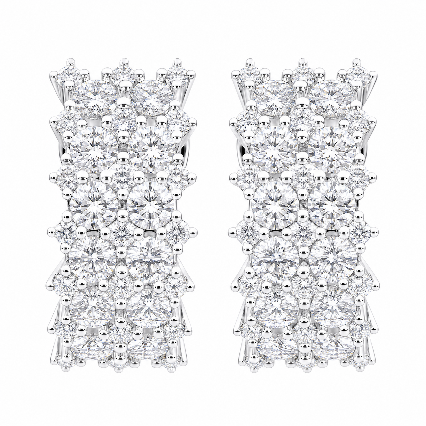 DECY0910W W-1 frontal pair - round diamond multi-row cluster panel clip earrings in 18K white gold
