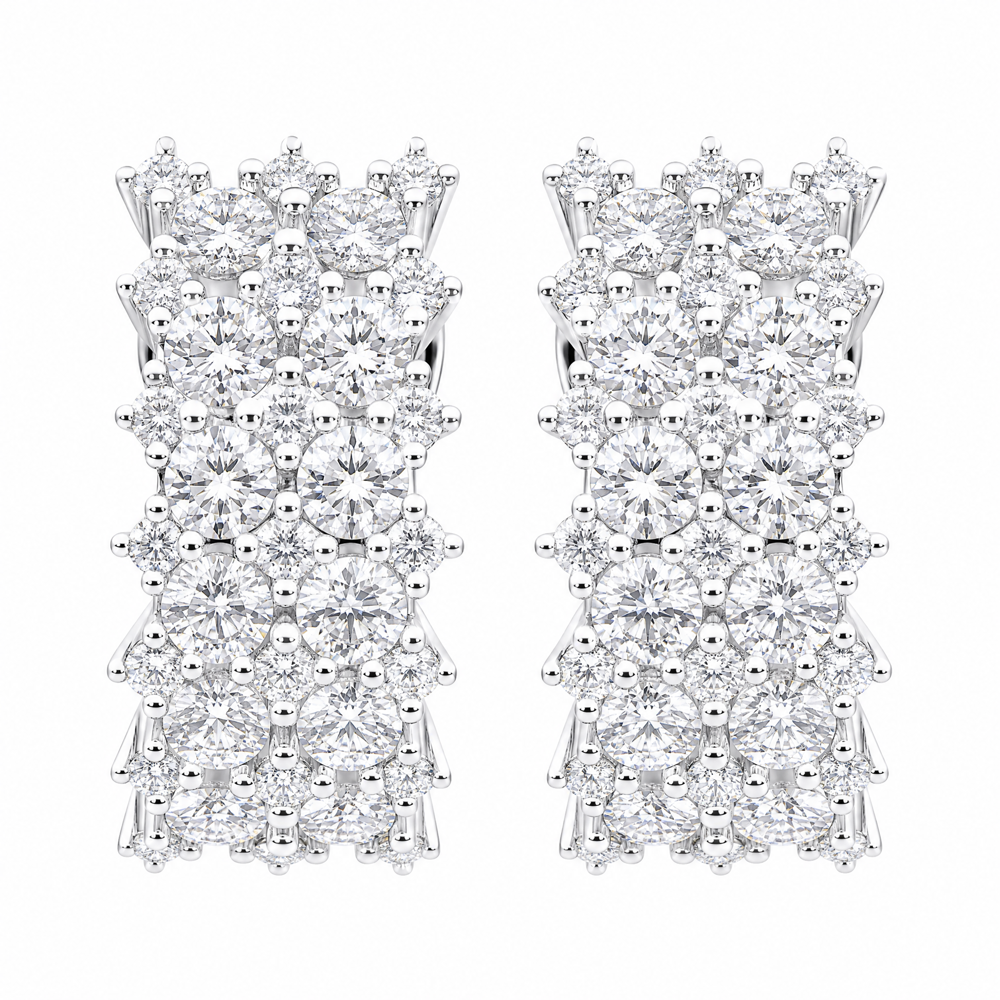 DECY0910W W-1 frontal pair - round diamond multi-row cluster panel clip earrings in 18K white gold