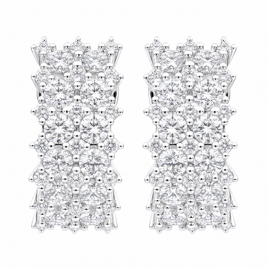 DECY0910W W-1 frontal pair - round diamond multi-row cluster panel clip earrings in 18K white gold