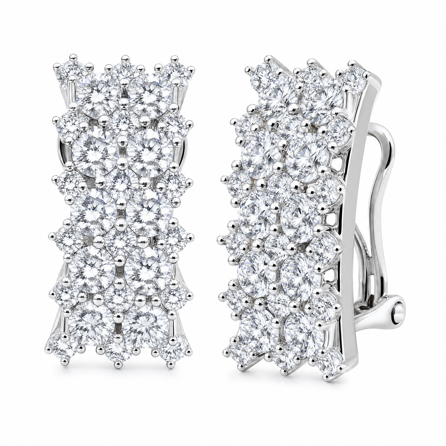 DECY0910W W-2 front and turned view showing French clip backing - round diamond multi-row cluster panel clip earrings in 18K white gold