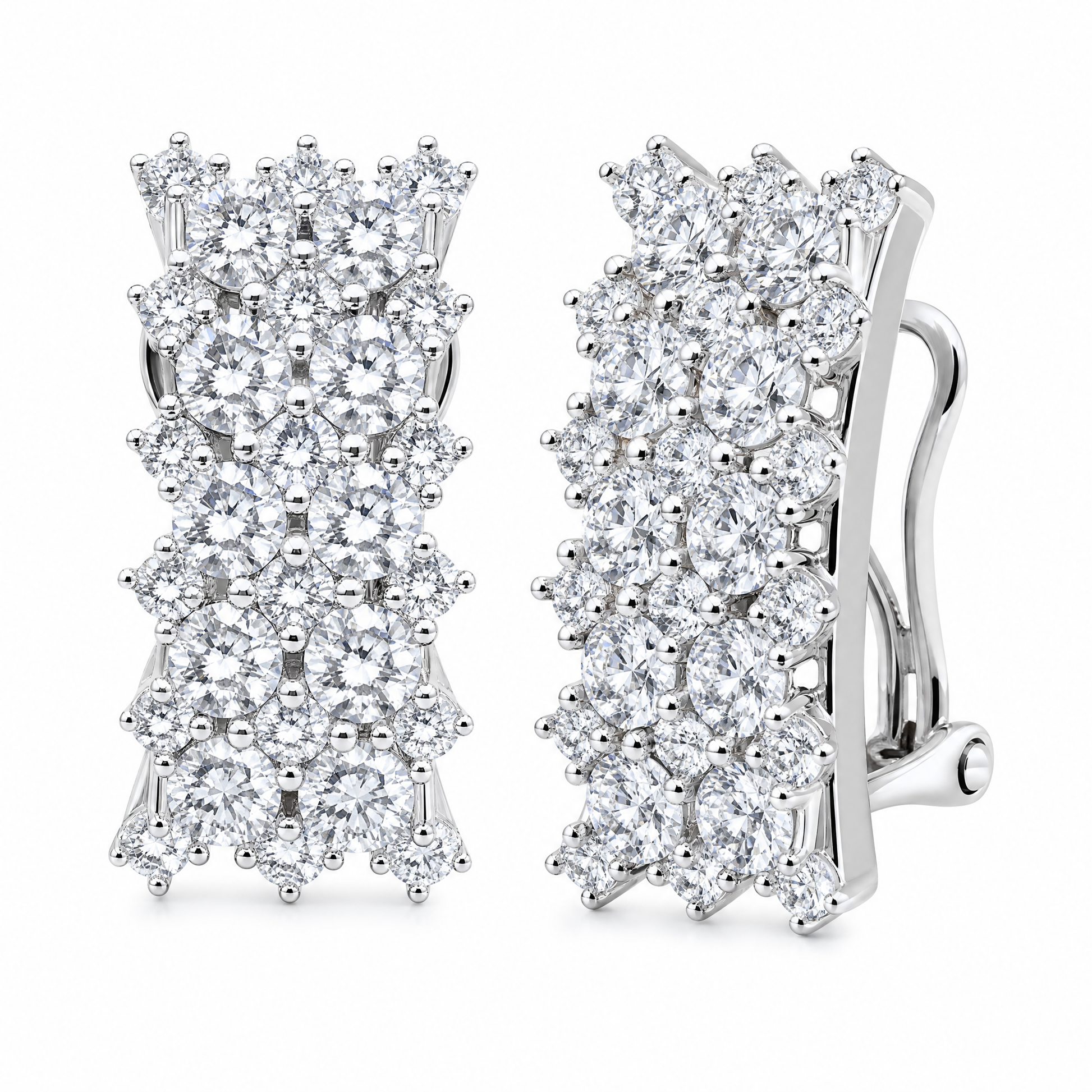 DECY0910W W-2 front and turned view showing French clip backing - round diamond multi-row cluster panel clip earrings in 18K white gold