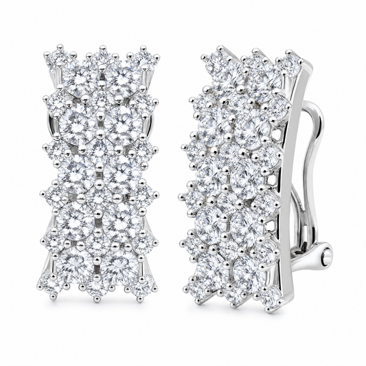 DECY0910W W-2 front and turned view showing French clip backing - round diamond multi-row cluster panel clip earrings in 18K white gold