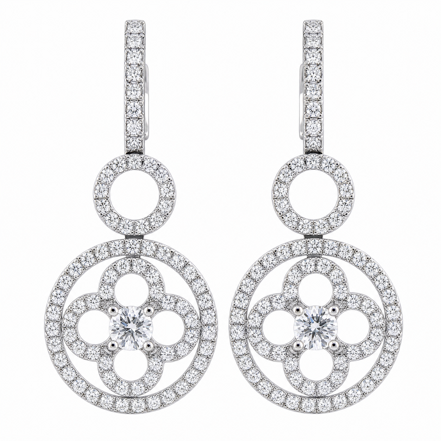 DECY1069W W-1 frontal pair - round diamond open circle and clover flower drop earrings in 18K white gold