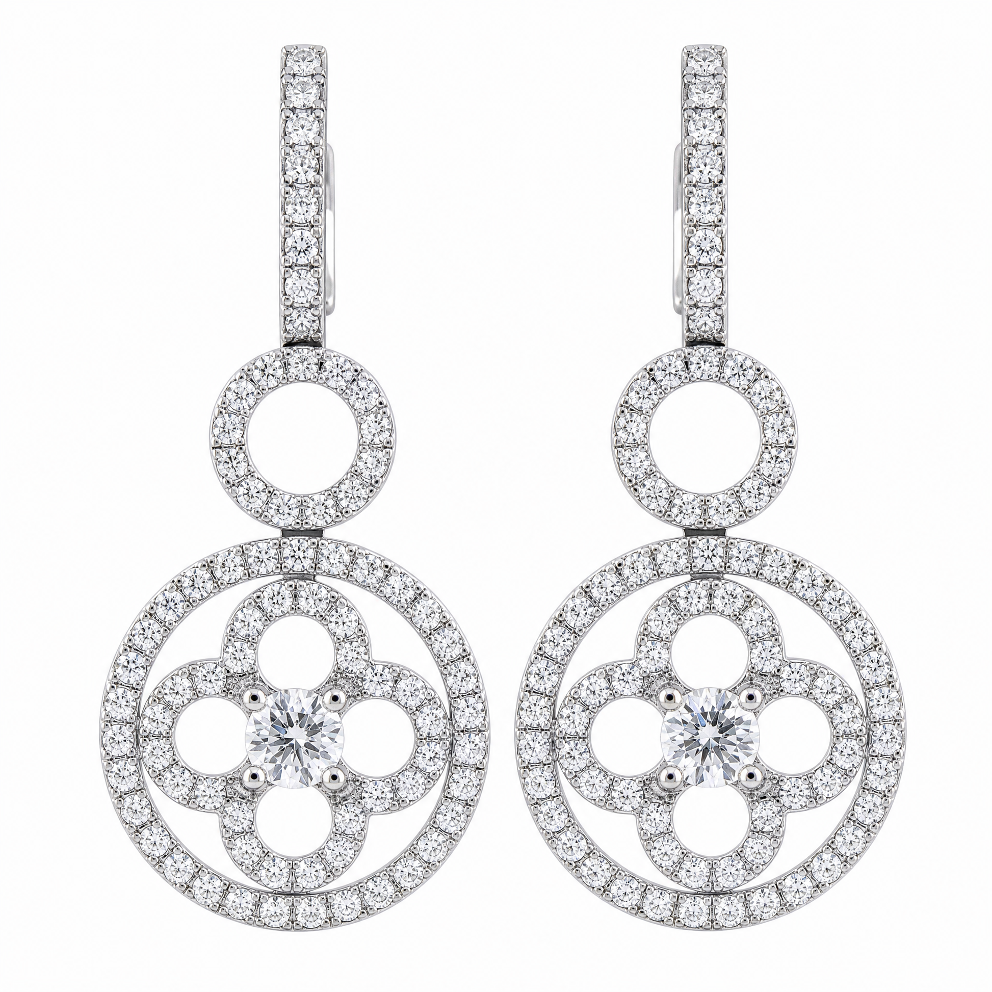 DECY1069W W-1 frontal pair - round diamond open circle and clover flower drop earrings in 18K white gold