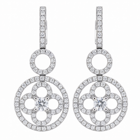 DECY1069W W-1 frontal pair - round diamond open circle and clover flower drop earrings in 18K white gold