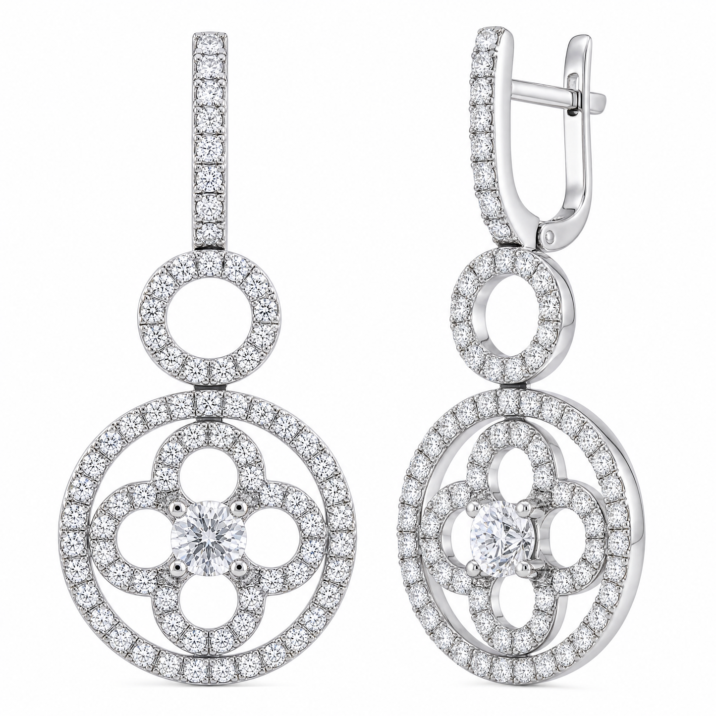 DECY1069W W-2 front and turned view showing post and hinged closure - round diamond open circle and clover flower drop earrings in 18K white gold