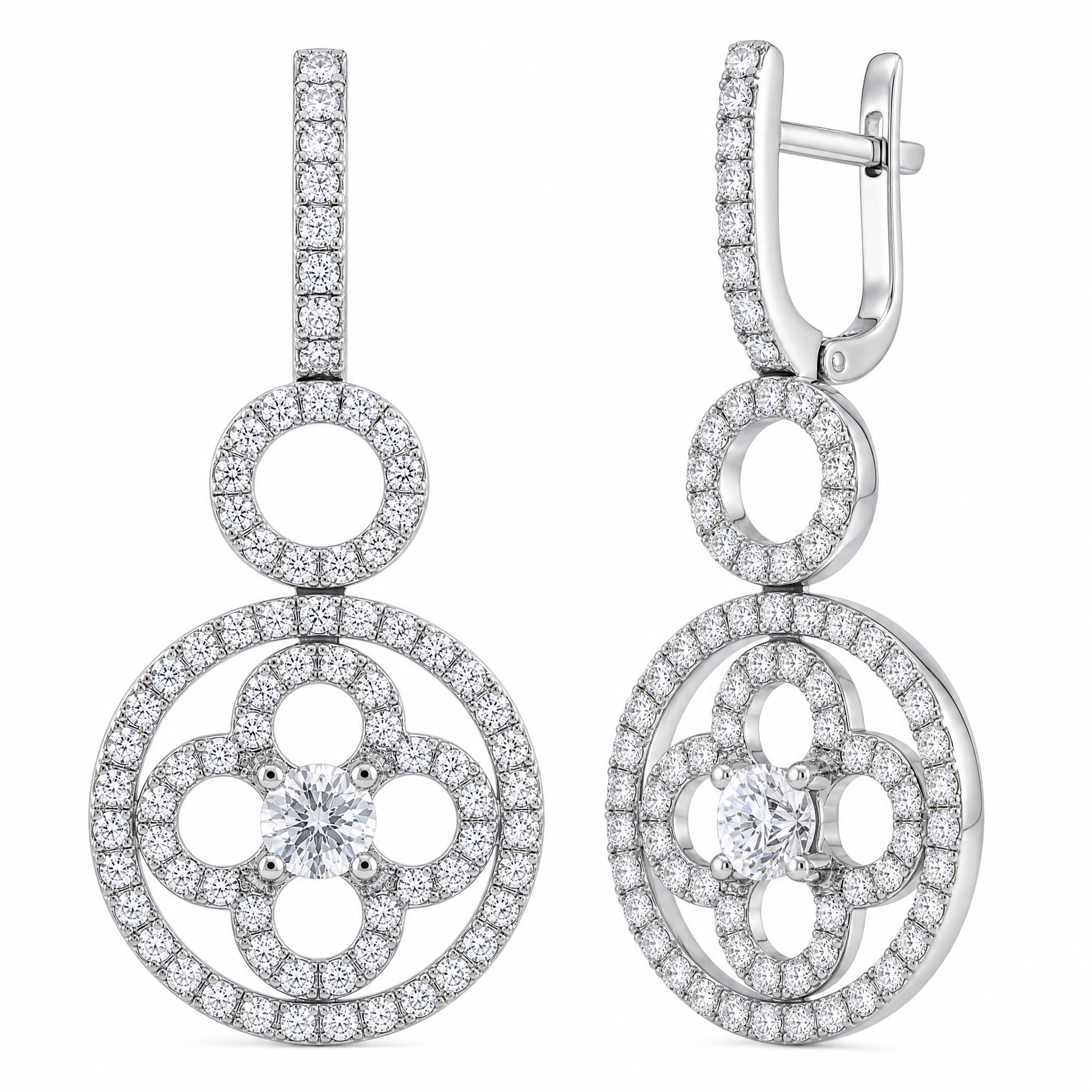 DECY1069W W-2 front and turned view showing post and hinged closure - round diamond open circle and clover flower drop earrings in 18K white gold
