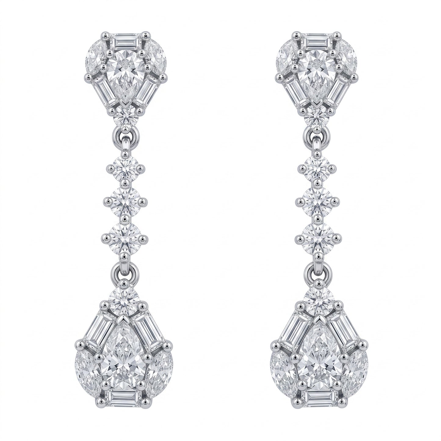 DECY1078W white background front view - tapered baguette pear and marquise diamond dangle post earrings in 18K white gold