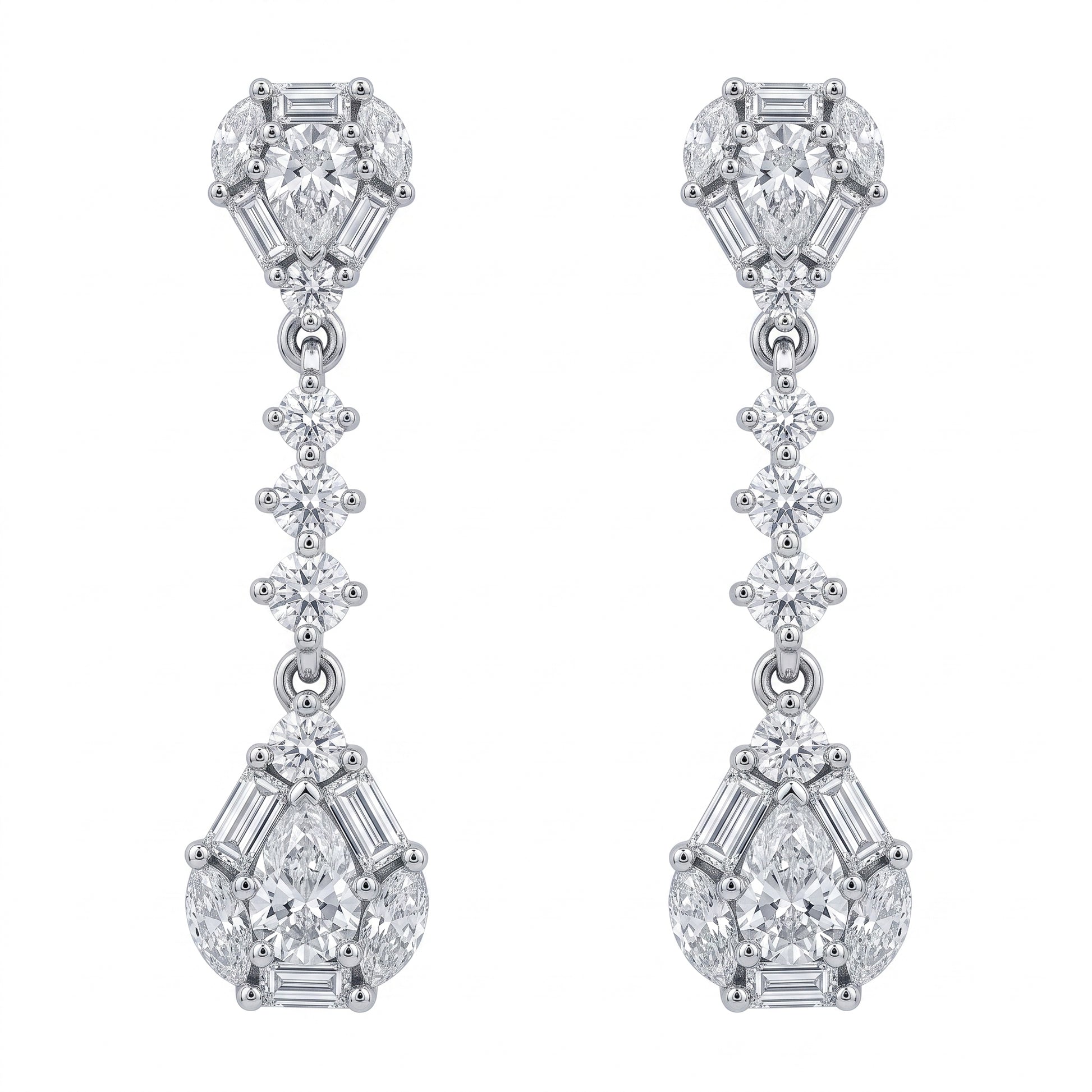 DECY1078W white background front view - tapered baguette pear and marquise diamond dangle post earrings in 18K white gold