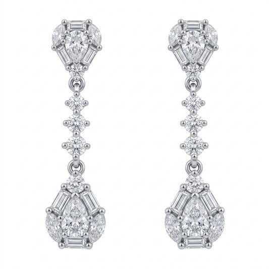DECY1078W white background front view - tapered baguette pear and marquise diamond dangle post earrings in 18K white gold