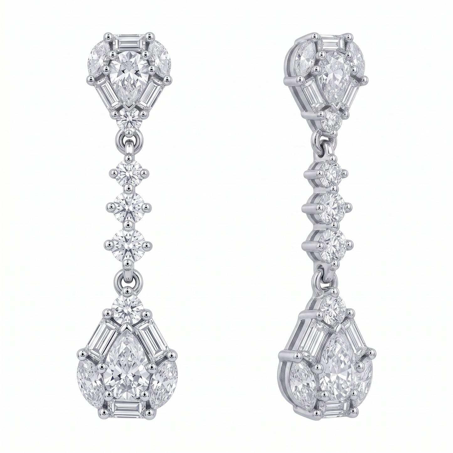 DECY1078W white background turned view - tapered baguette pear and marquise diamond dangle post earrings showing the articulated drop