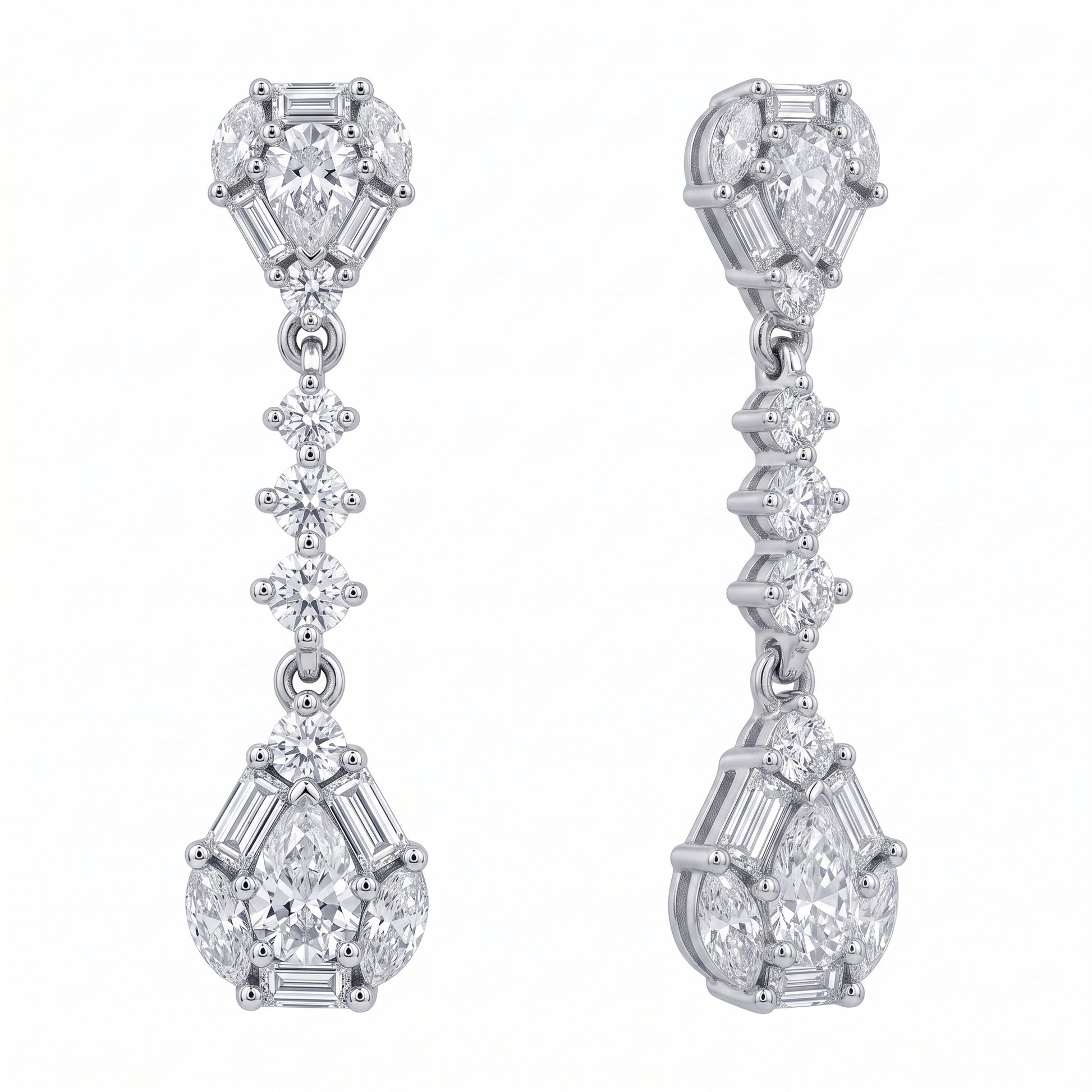 DECY1078W white background turned view - tapered baguette pear and marquise diamond dangle post earrings showing the articulated drop
