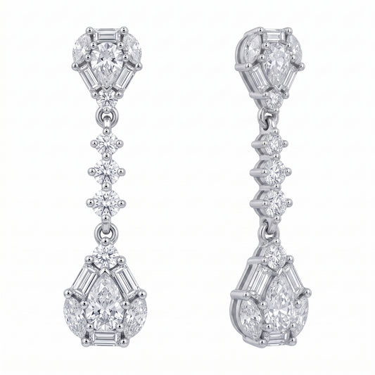DECY1078W white background turned view - tapered baguette pear and marquise diamond dangle post earrings showing the articulated drop