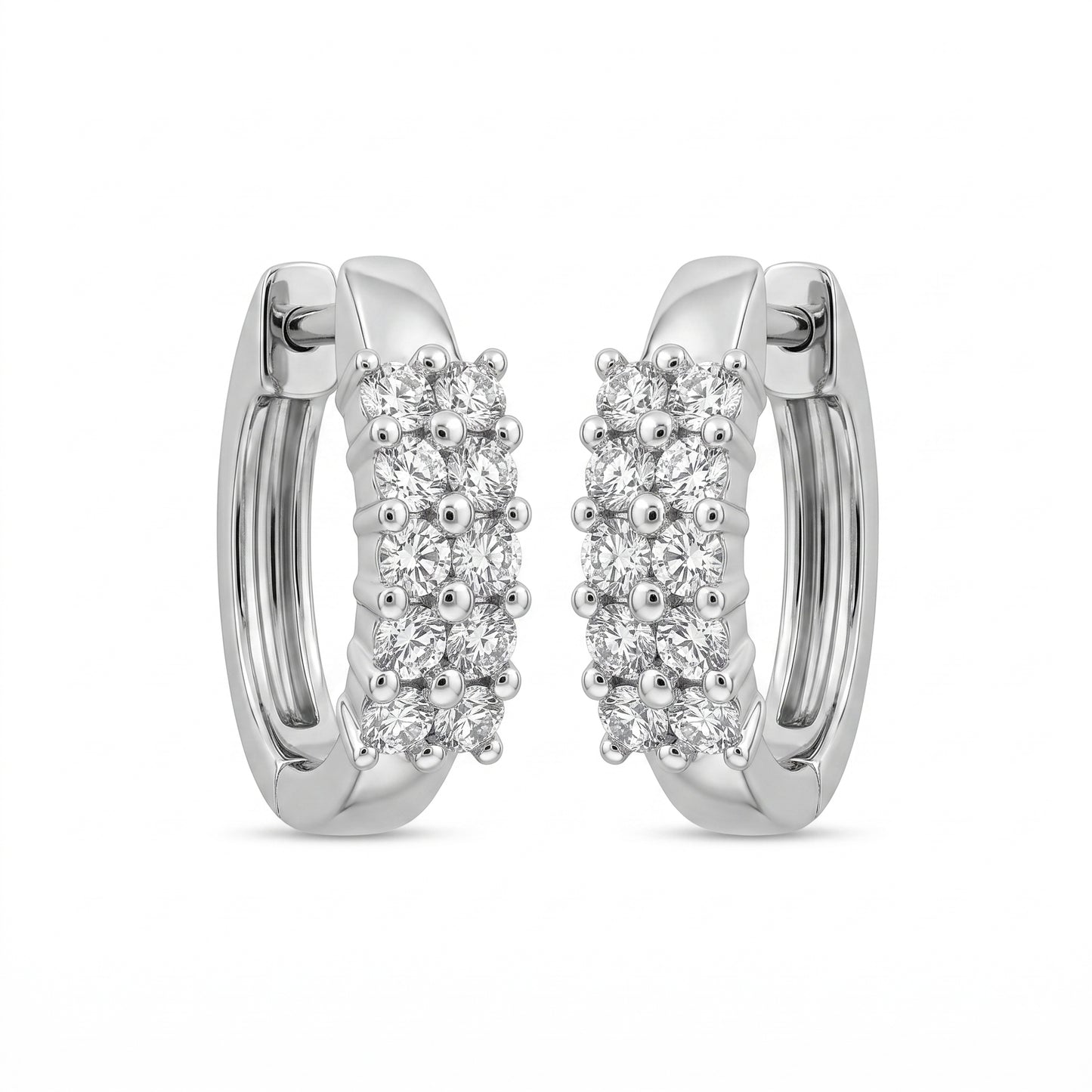 14K White Gold 20-Diamond Double-Row Huggie Earrings - pair, front view