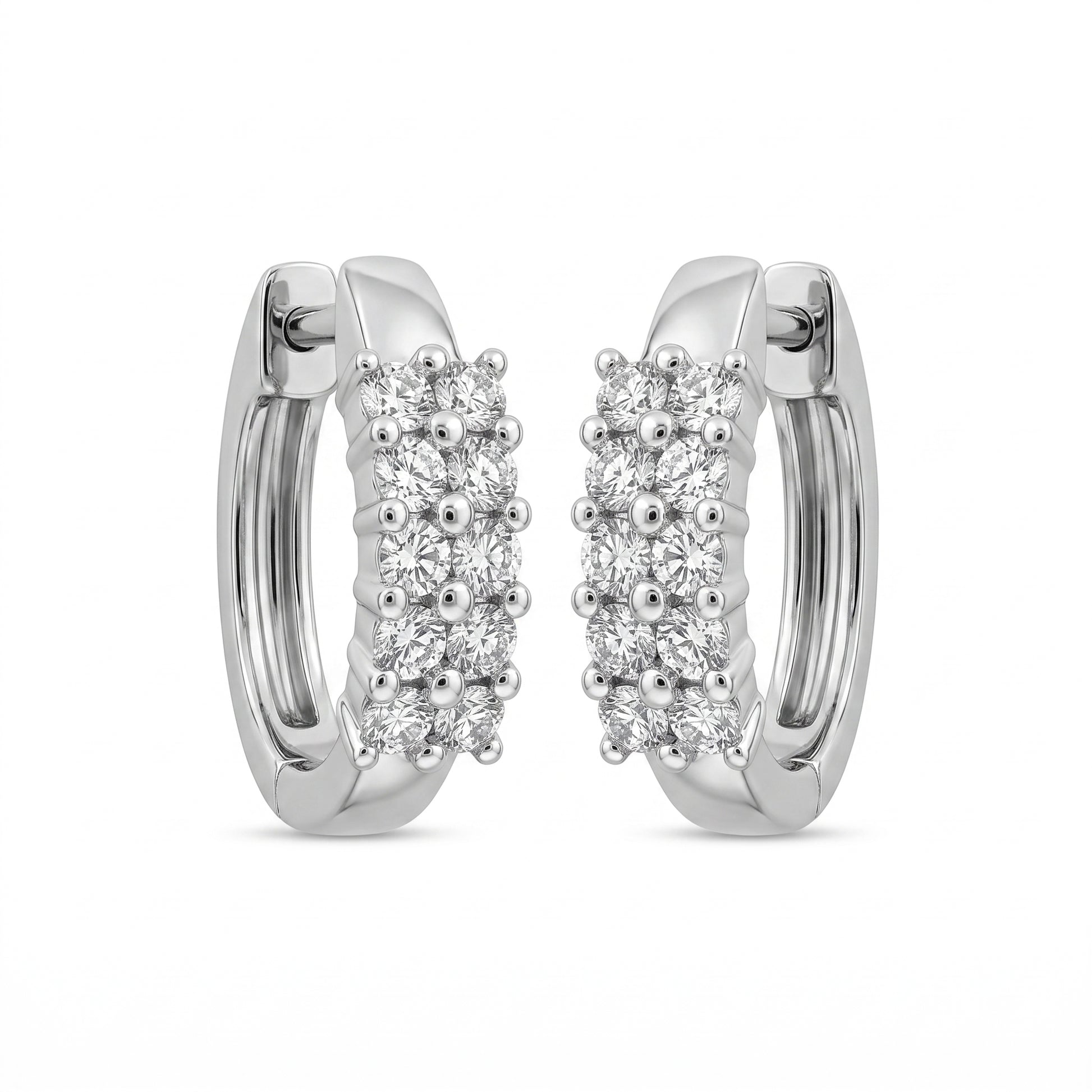 14K White Gold 20-Diamond Double-Row Huggie Earrings - pair, front view