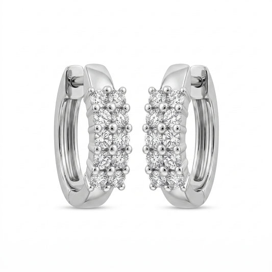 14K White Gold 20-Diamond Double-Row Huggie Earrings - pair, front view