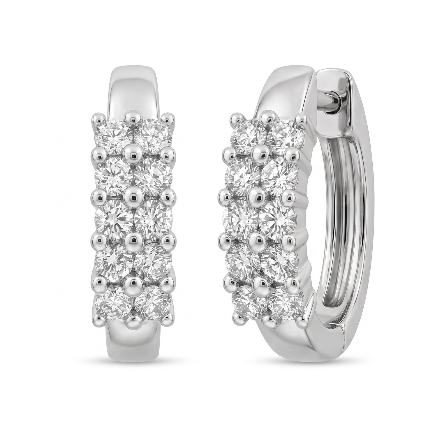 14K White Gold 20-Diamond Double-Row Huggie Earrings - three-quarter turned view