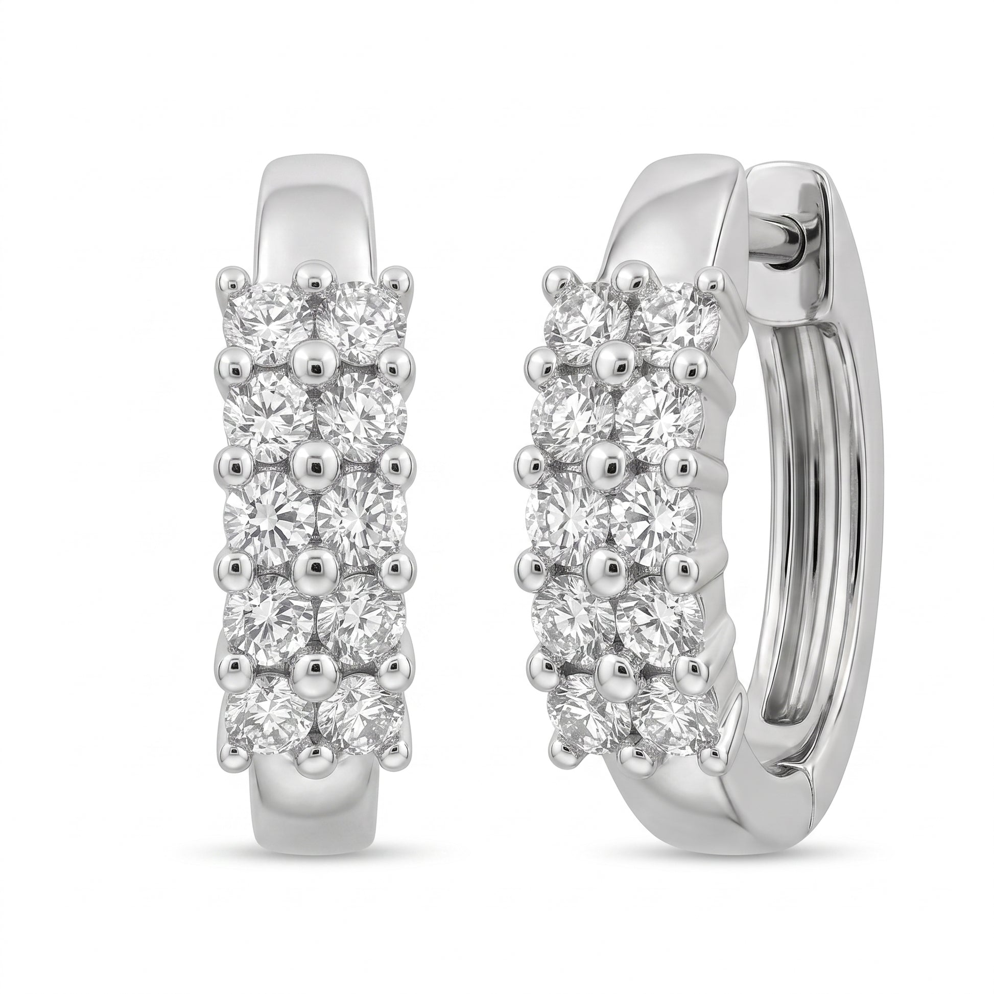14K White Gold 20-Diamond Double-Row Huggie Earrings - three-quarter turned view