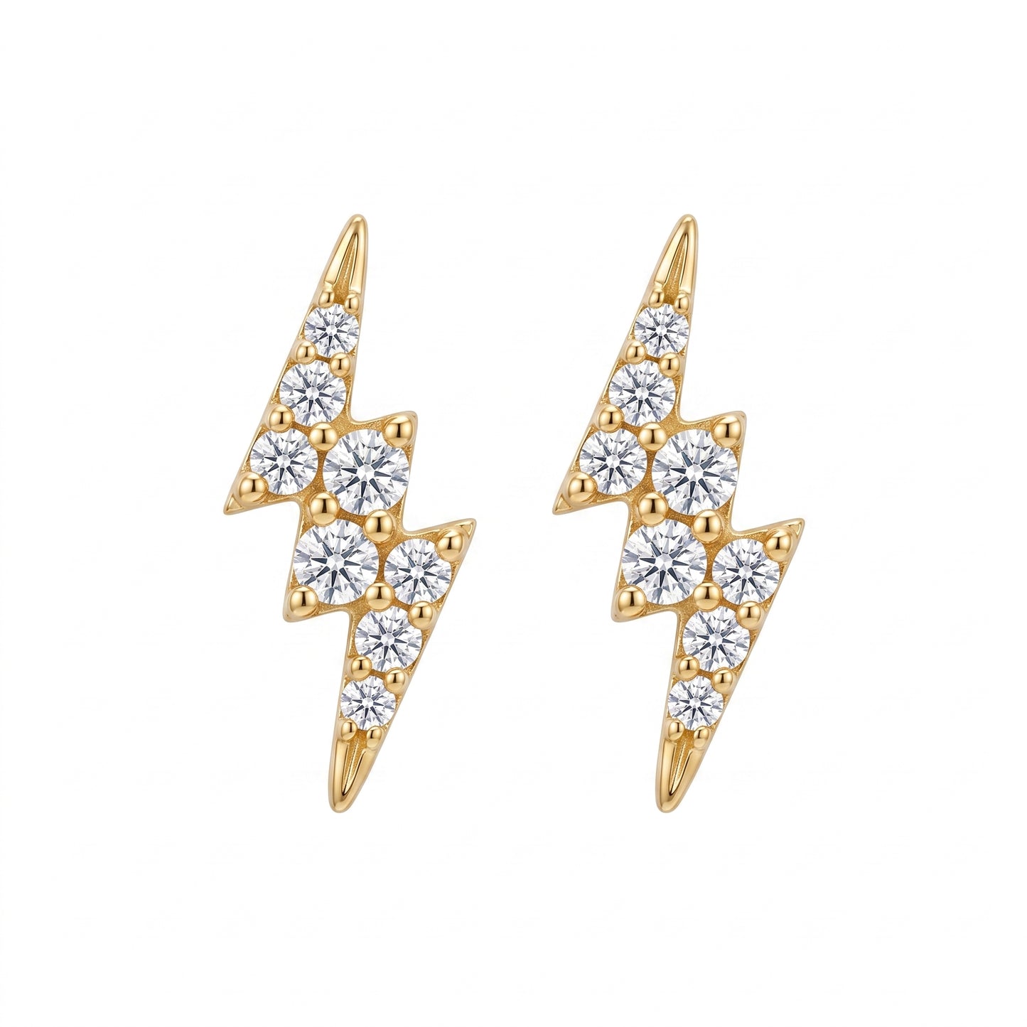 18K yellow gold 16-diamond lightning bolt post earrings, front view on white background