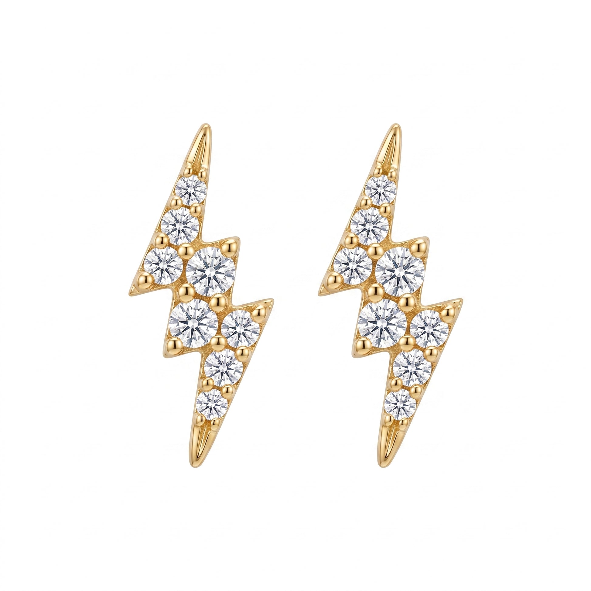 18K yellow gold 16-diamond lightning bolt post earrings, front view on white background