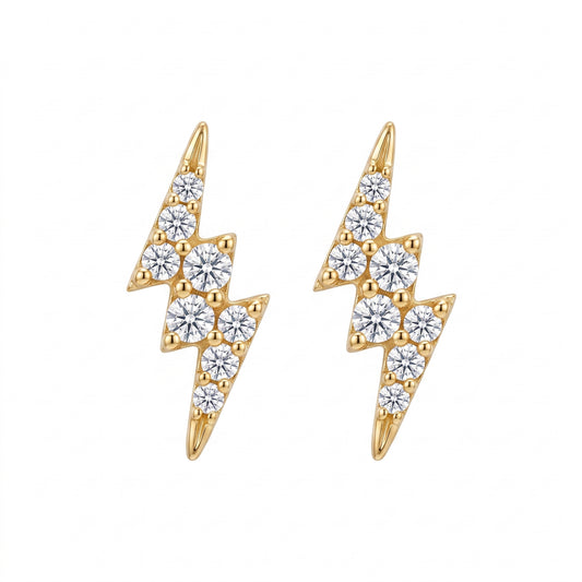 18K yellow gold 16-diamond lightning bolt post earrings, front view on white background
