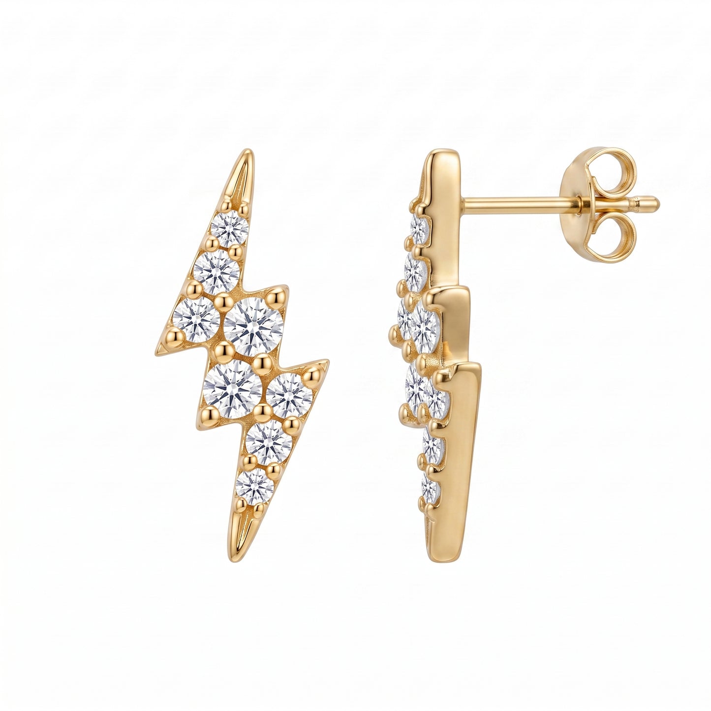 18K yellow gold 16-diamond lightning bolt post earrings, front and profile view showing post and butterfly clutch, on white background