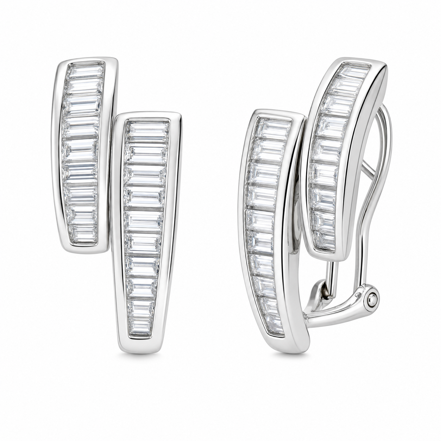 DEDY0088W W-2 front and turned view showing French clip backing - tapered baguette diamond double-channel clip earrings