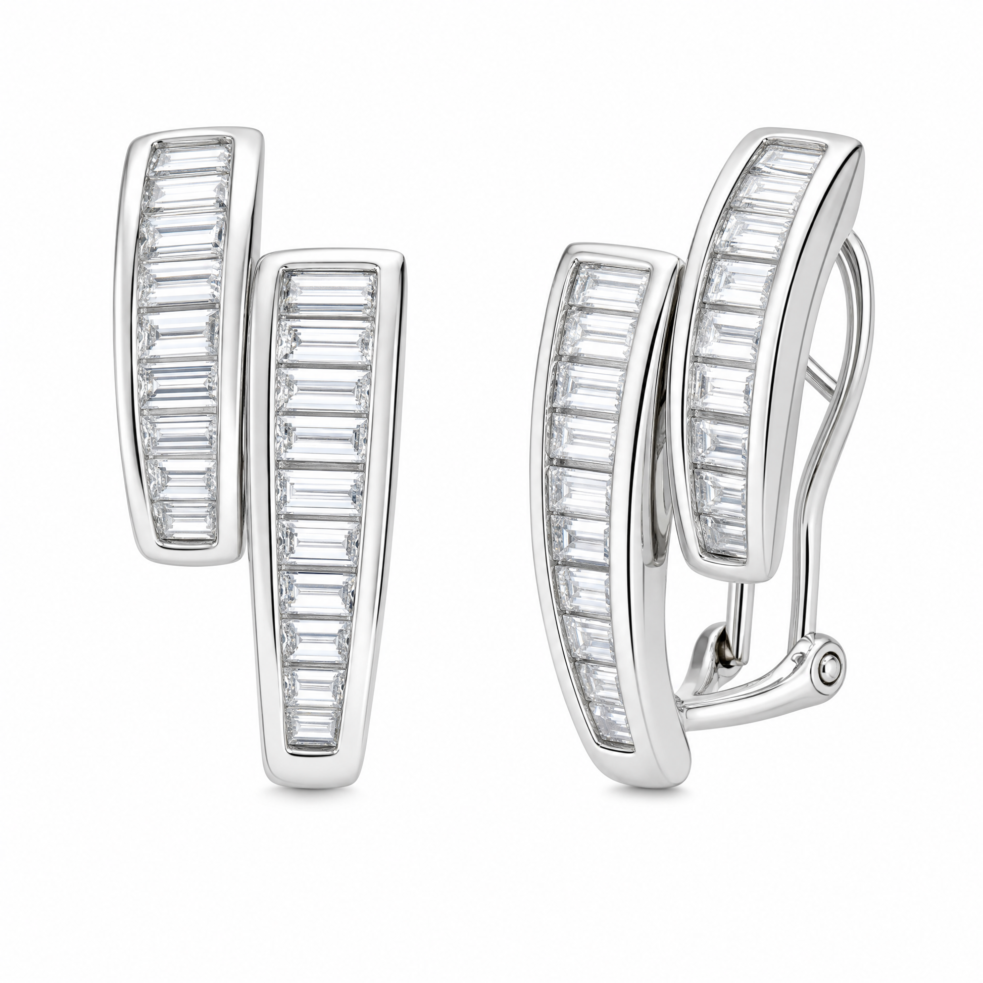 DEDY0088W W-2 front and turned view showing French clip backing - tapered baguette diamond double-channel clip earrings
