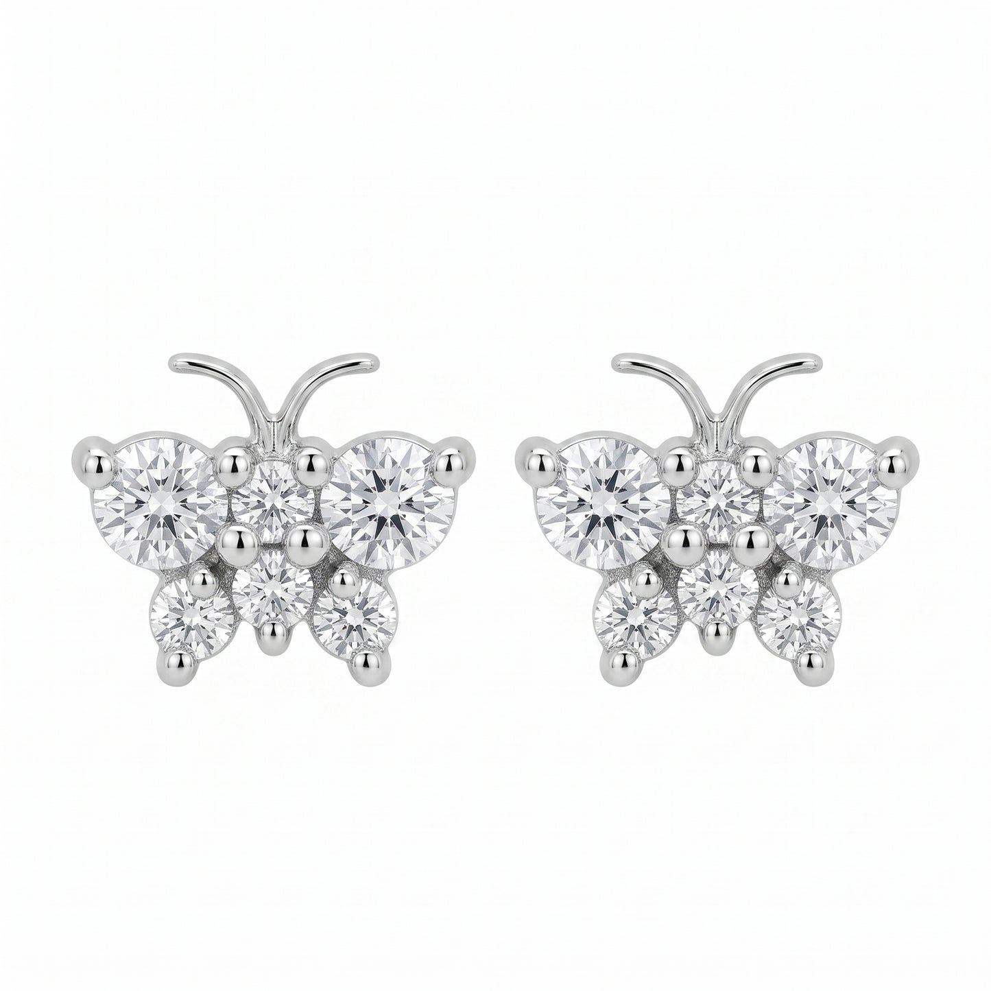 18K white gold butterfly stud earrings with round brilliant diamonds, pair, white background