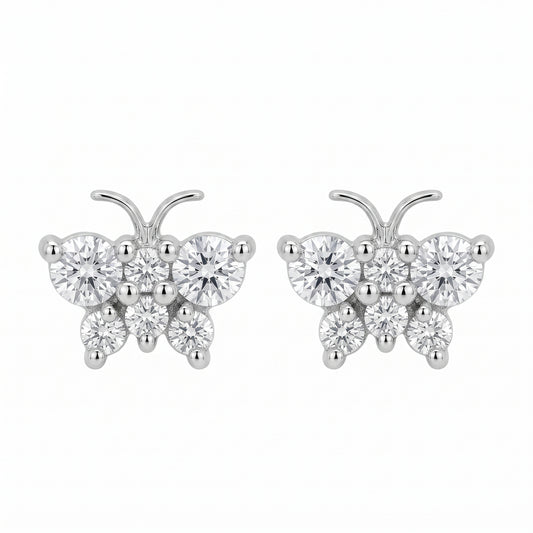 18K white gold butterfly stud earrings with round brilliant diamonds, pair, white background