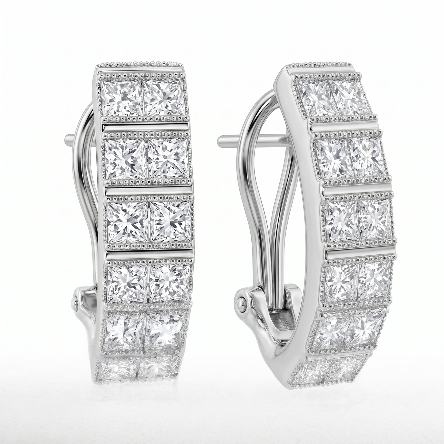 Princess-Cut Diamond Milgrain Vertical Clip Earrings in 18K white gold, angled view showing the hinged clip fitting