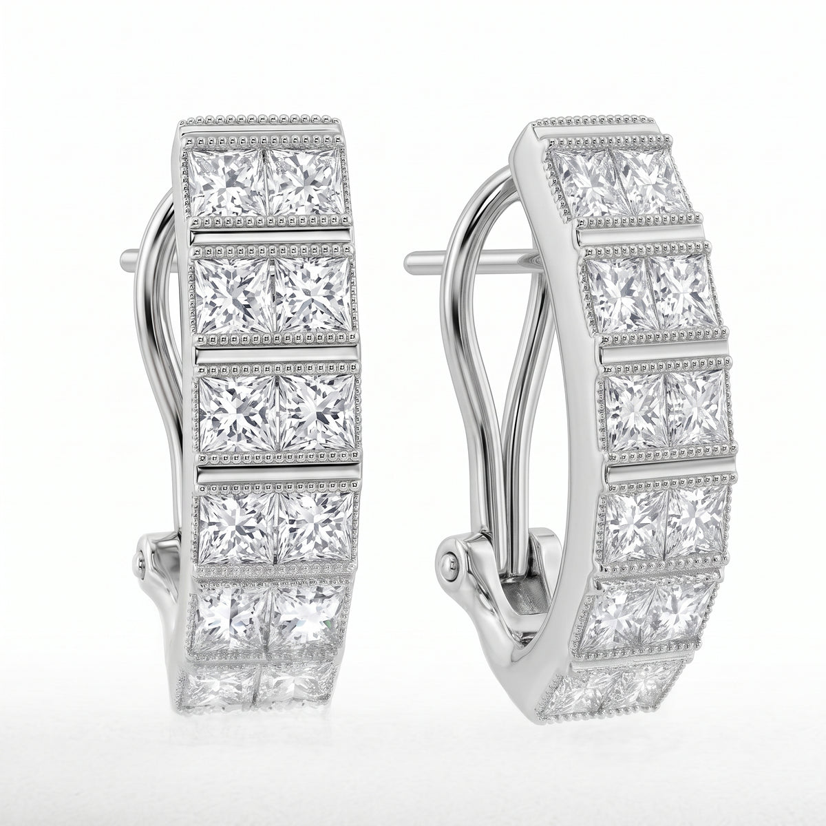 Princess-Cut Diamond Milgrain Vertical Clip Earrings in 18K white gold, angled view showing the hinged clip fitting