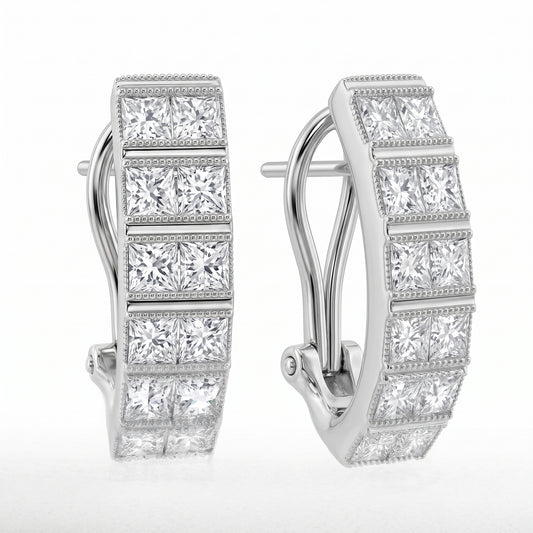 Princess-Cut Diamond Milgrain Vertical Clip Earrings in 18K white gold, angled view showing the hinged clip fitting