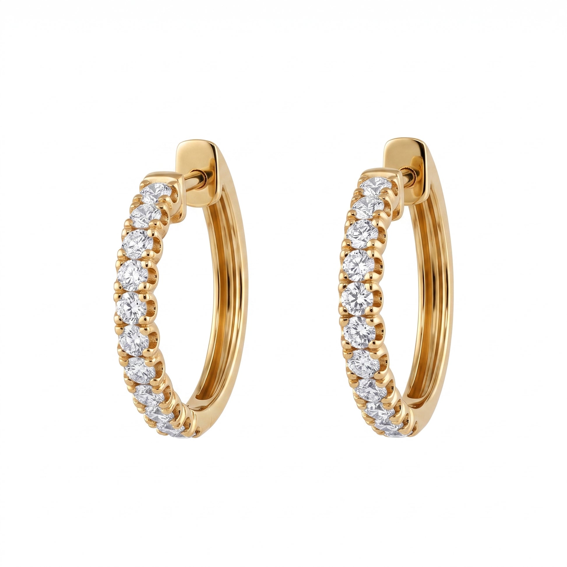 18K yellow gold 22-diamond hoop earrings, white background