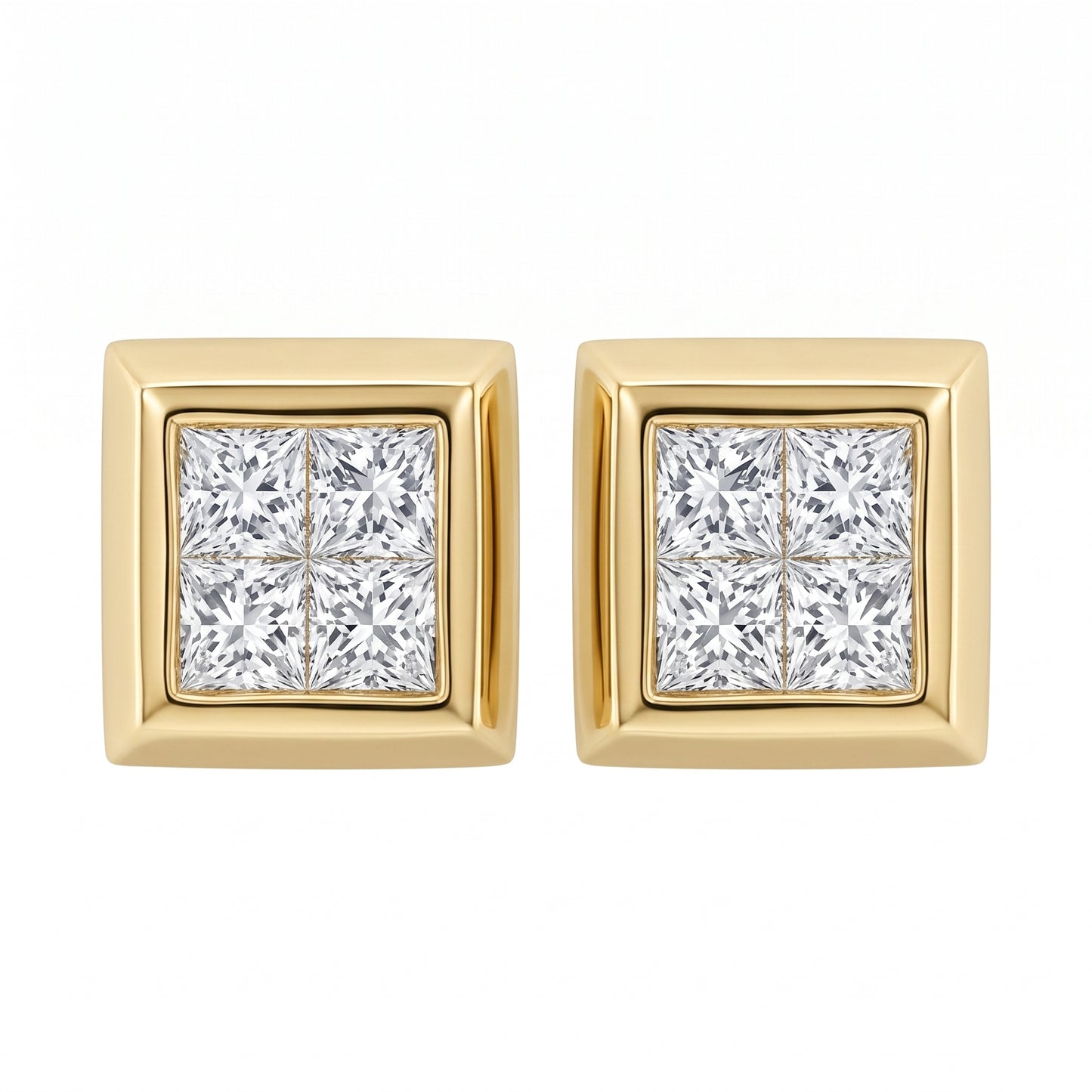 14k yellow gold eight princess-cut diamond bezel-set stud earrings, white background