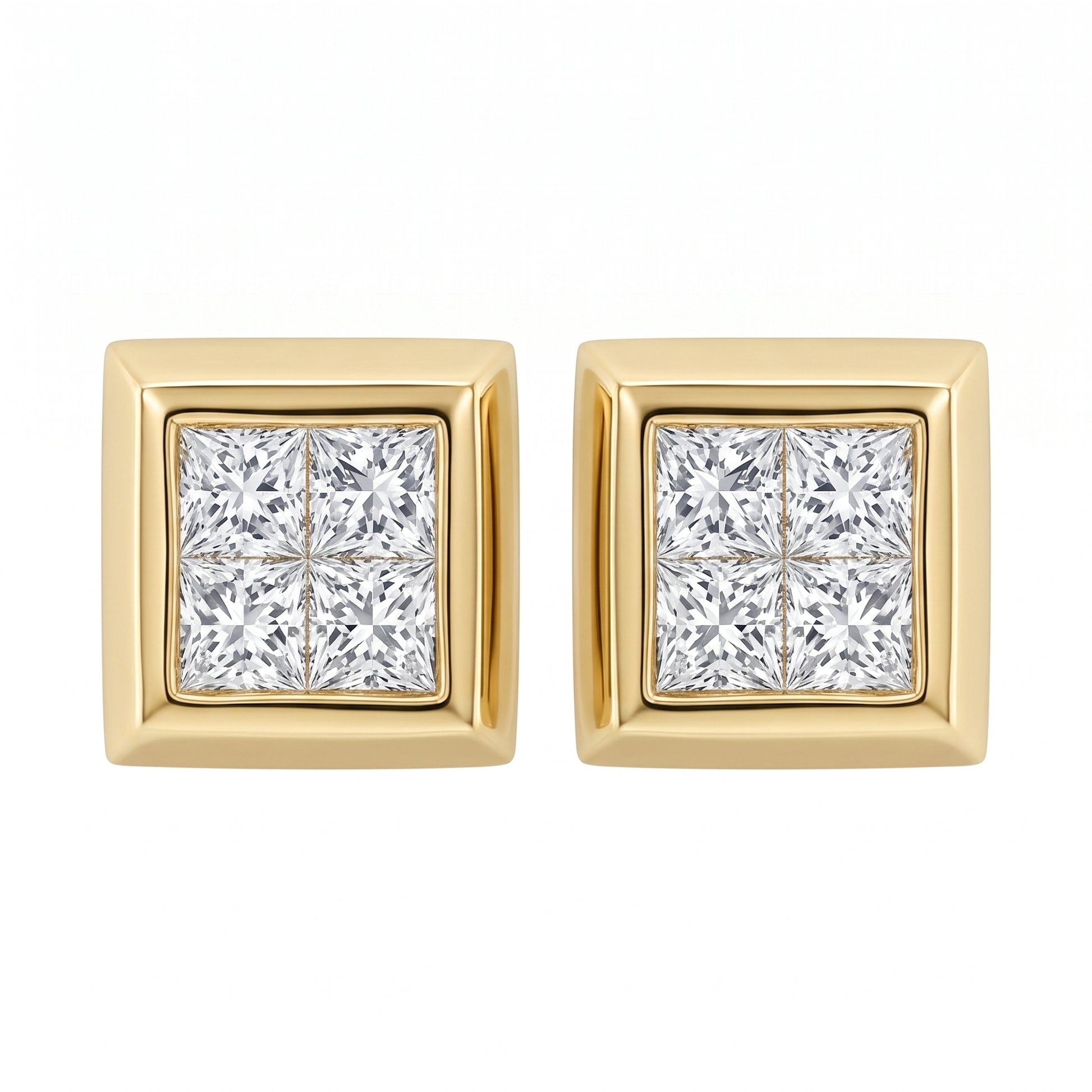 14k yellow gold eight princess-cut diamond bezel-set stud earrings, white background