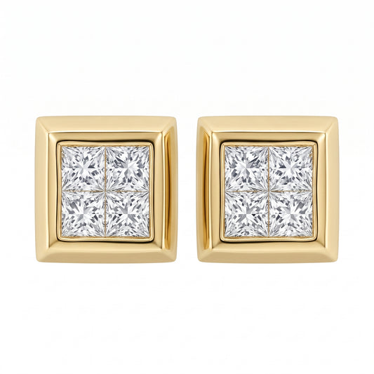 14k yellow gold eight princess-cut diamond bezel-set stud earrings, white background