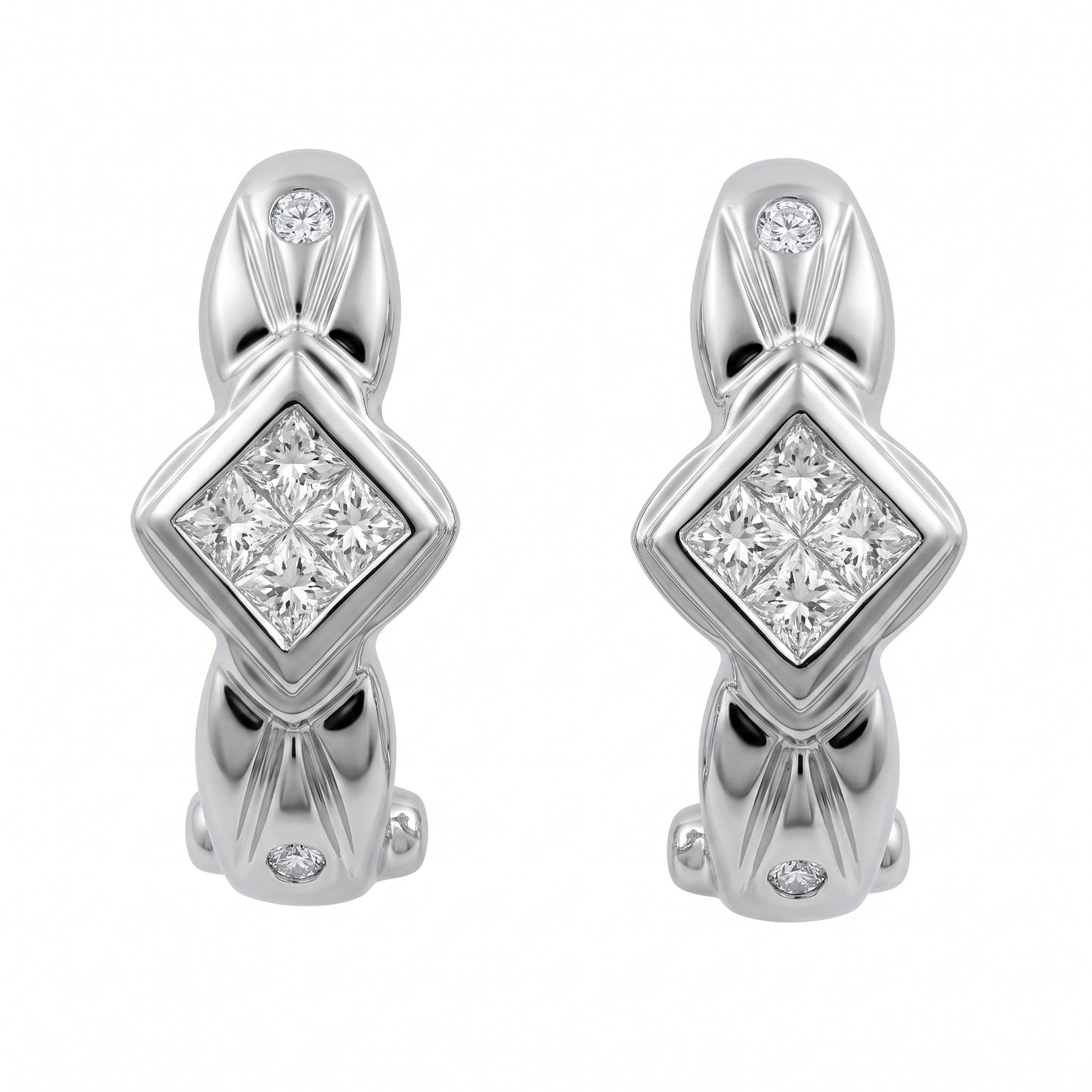 14k white gold princess-cut quad and round diamond clip earrings, white background