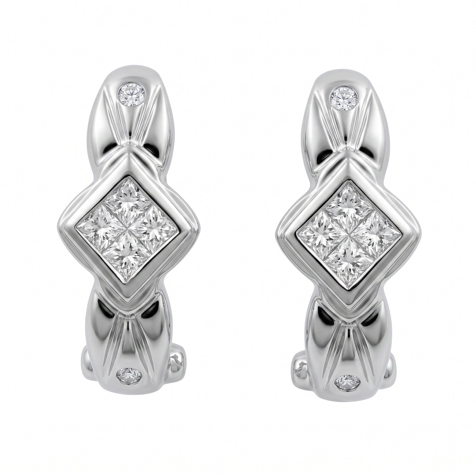 14k white gold princess-cut quad and round diamond clip earrings, white background